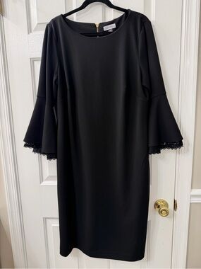 Calvin Klein Black Bell-Sleeve Shift Dress with Lace Trim